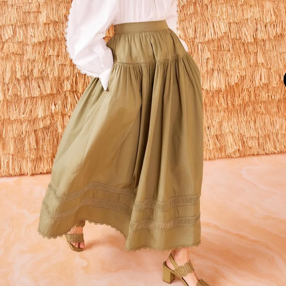 Ulla Johnson Olive color Midi Skirt with delicate details